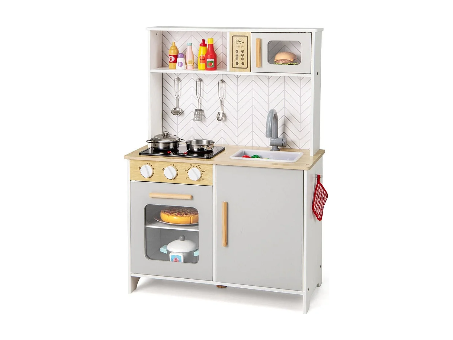 Cuisine de Jeu en Bois pour Enfants Lumières Sons Micro-Ondes Cuisinières Evier Four et Accessoires de Cuisine pour les 3+ Ans Blanc