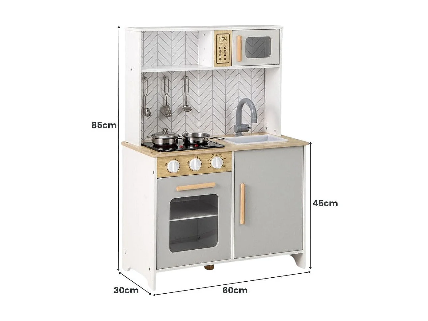 Cuisine de Jeu en Bois pour Enfants Lumières Sons Micro-Ondes Cuisinières Evier Four et Accessoires de Cuisine pour les 3+ Ans Blanc