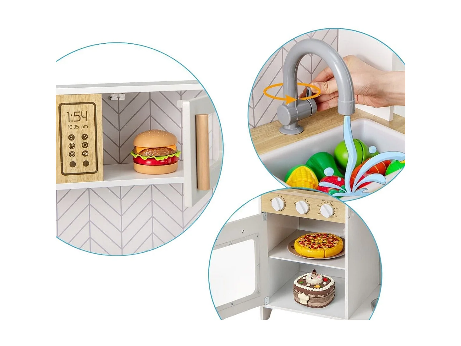 Cuisine de Jeu en Bois pour Enfants Lumières Sons Micro-Ondes Cuisinières Evier Four et Accessoires de Cuisine pour les 3+ Ans Blanc