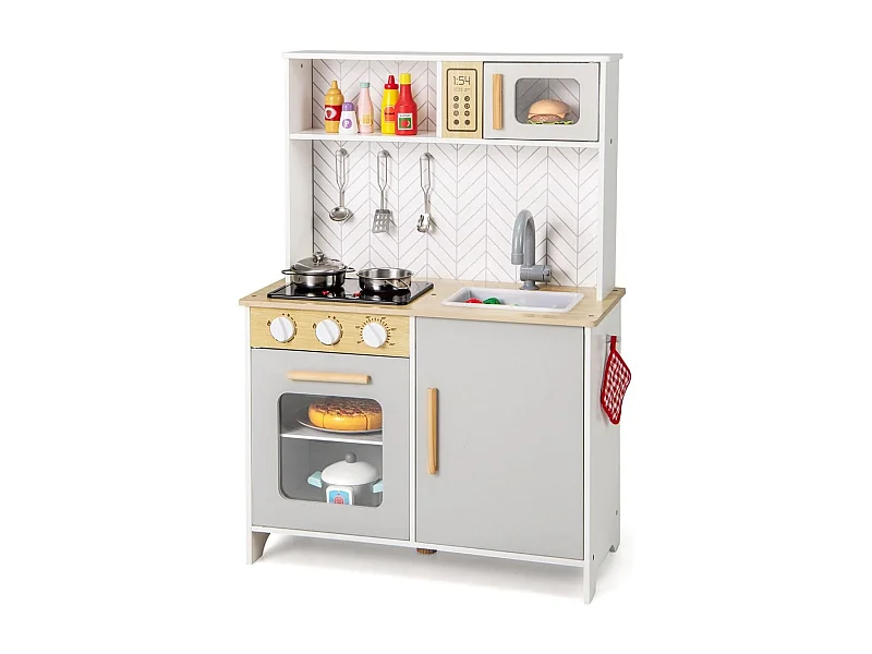 Cuisine de Jeu en Bois pour Enfants Lumières Sons Micro-Ondes Cuisinières Evier Four et Accessoires de Cuisine pour les 3+ Ans Blanc
