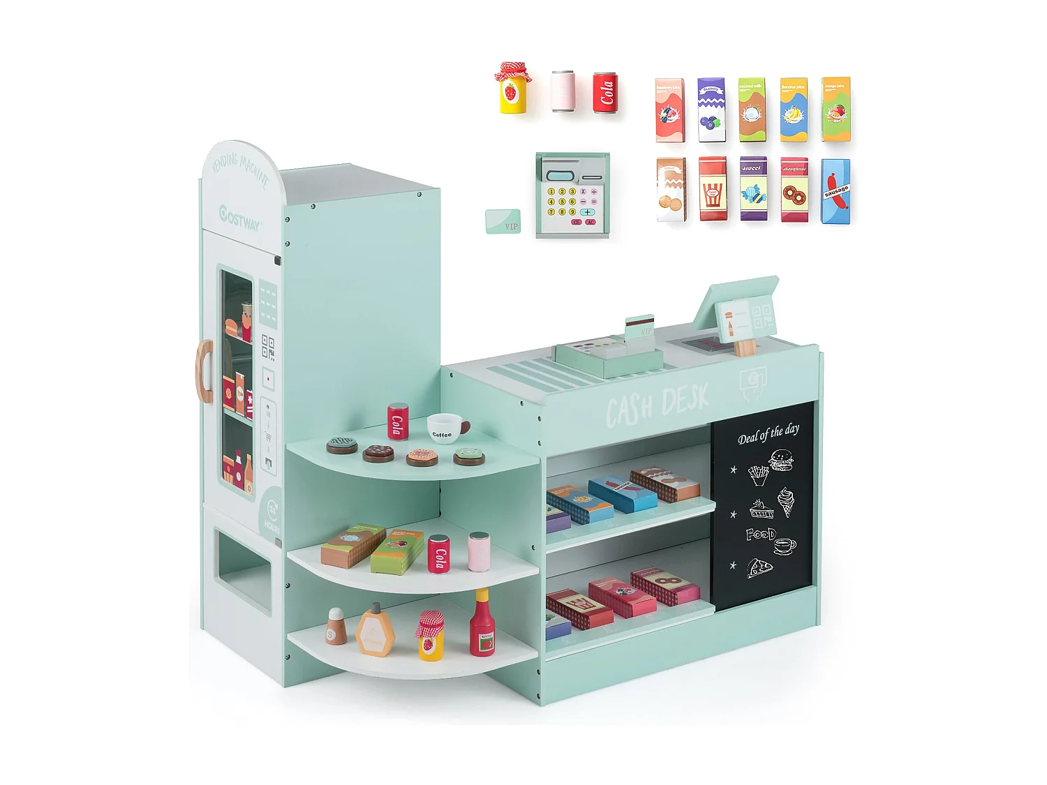 Jeu d'Épicerie pour Enfants de 3 à 8 Ans Ensemble de Jouets de Caisse Enregistreuse Machine de Point de Vente Distributeur Automatique Vert