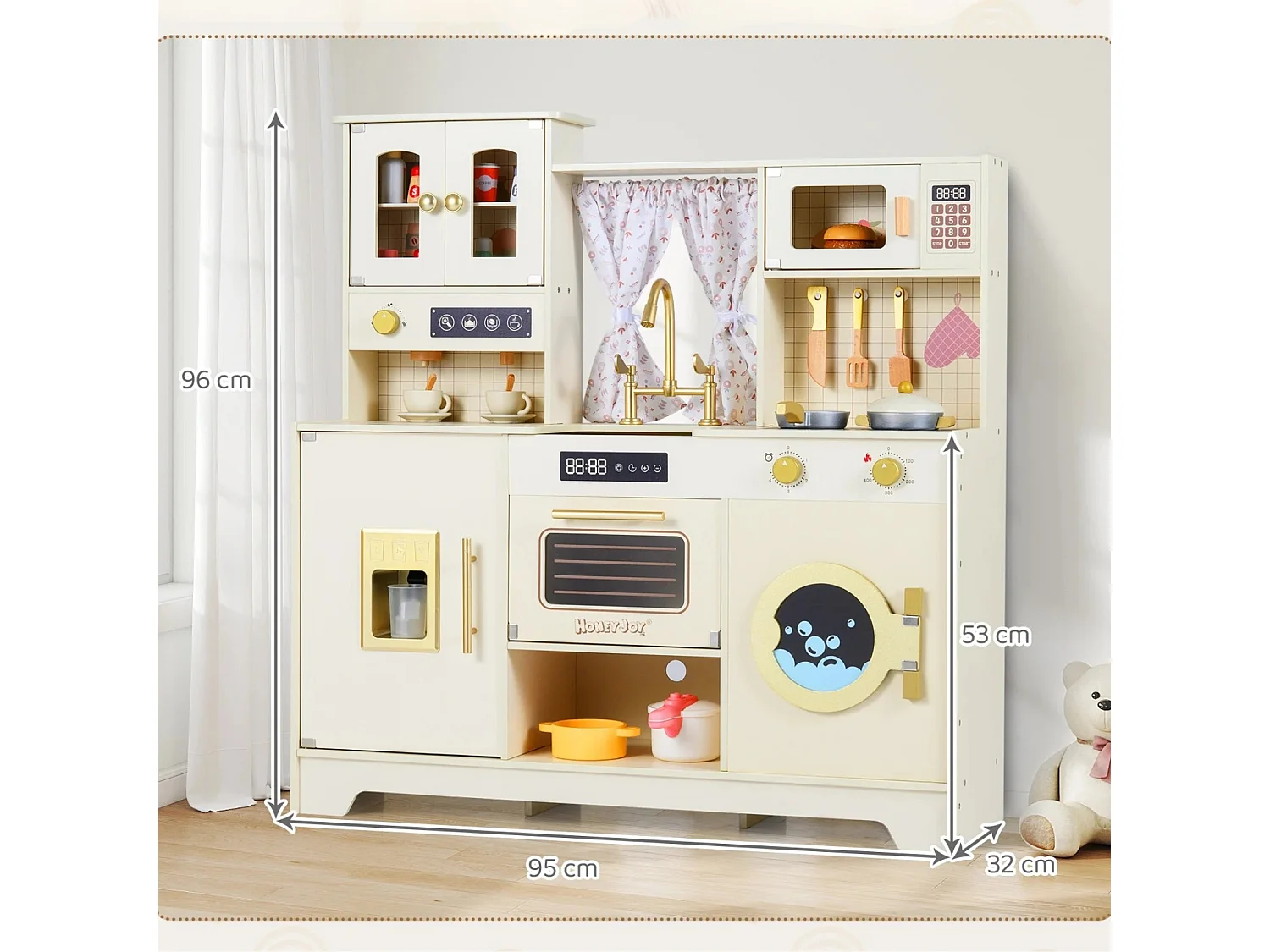 Ensemble de Cuisine Jouet de Simulation avec Cuisinières Robinet Évier Machine à Café Distributeur de Glace Micro-ondes pour 3 Ans+ Beige