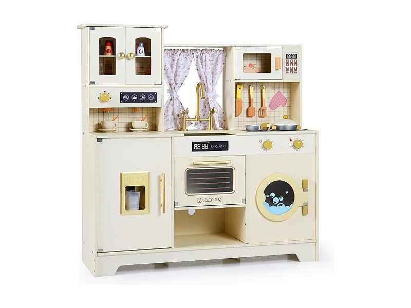 Ensemble de Cuisine Jouet de Simulation avec Cuisinières Robinet Évier Machine à Café Distributeur de Glace Micro-ondes pour 3 Ans+ Beige