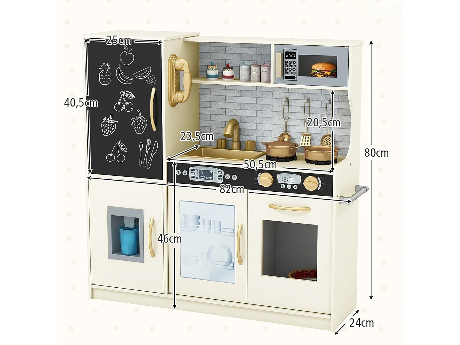 Cuisine de Jeu d'imitation avec Tableau Noir Téléphone Micro-ondes Fabrique de Glaçons Lave-vaisselle et Four pour 3-6 Ans Beige