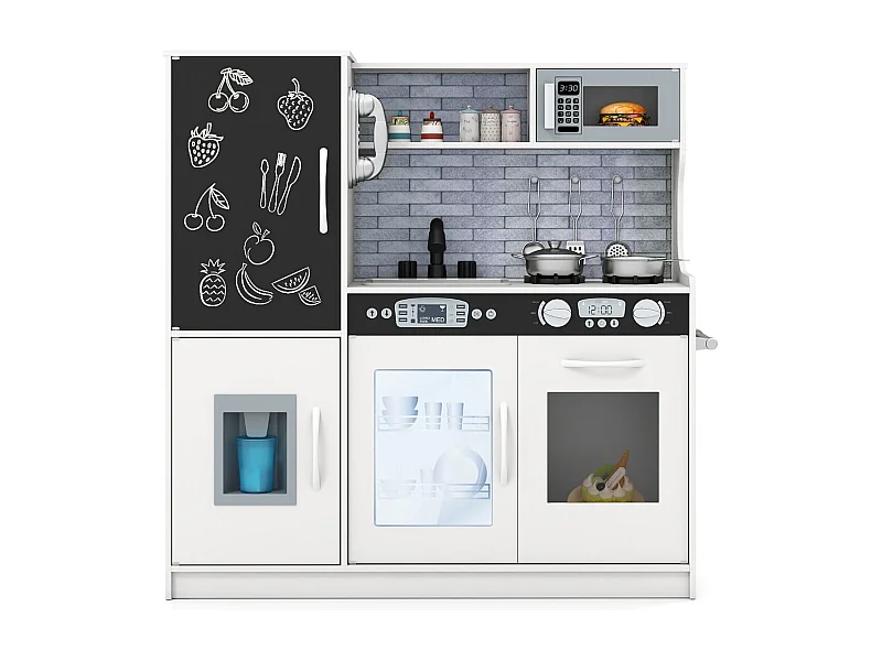 Cuisine de Jeu d'imitation avec Tableau Noir Téléphone Micro-ondes Fabrique de Glaçons Lave-vaisselle et Four pour 3-6 Ans Beige