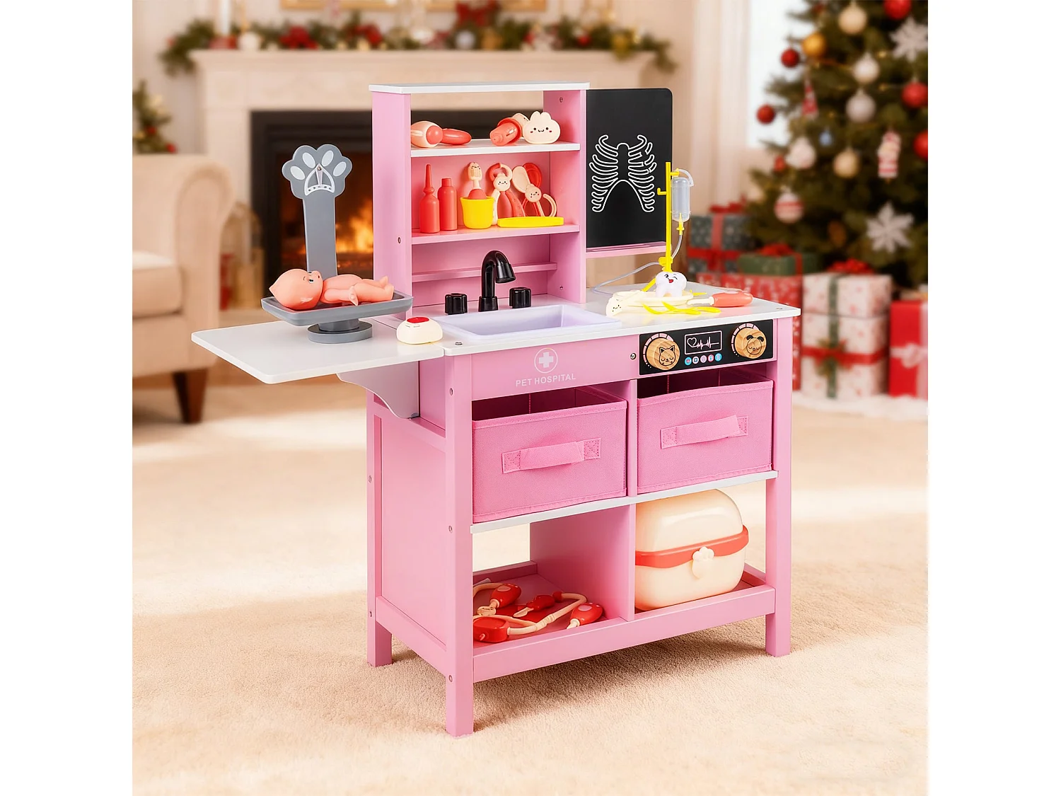 Ensemble Jouet Centre Médical en Bois avec Tableau Balance pour Animaux Robinet Évier Table Pliante Accessoires Médicaux pour 3-6 Ans Rose