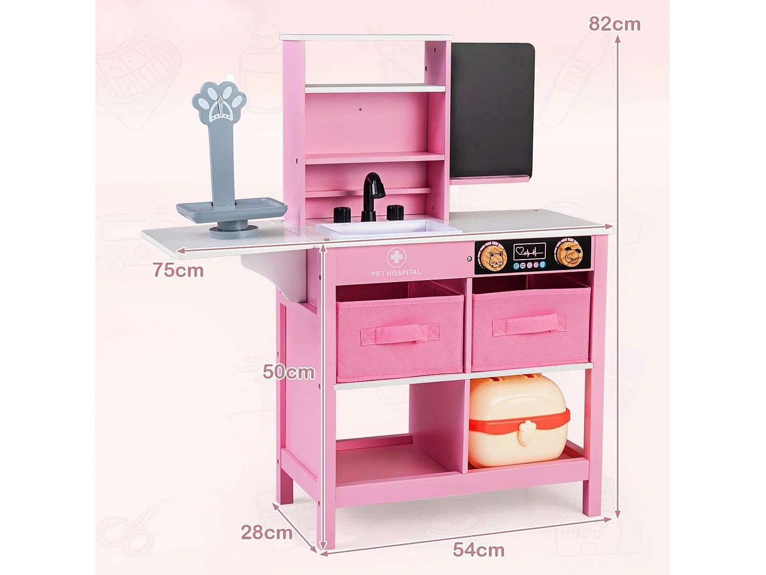Ensemble Jouet Centre Médical en Bois avec Tableau Balance pour Animaux Robinet Évier Table Pliante Accessoires Médicaux pour 3-6 Ans Rose