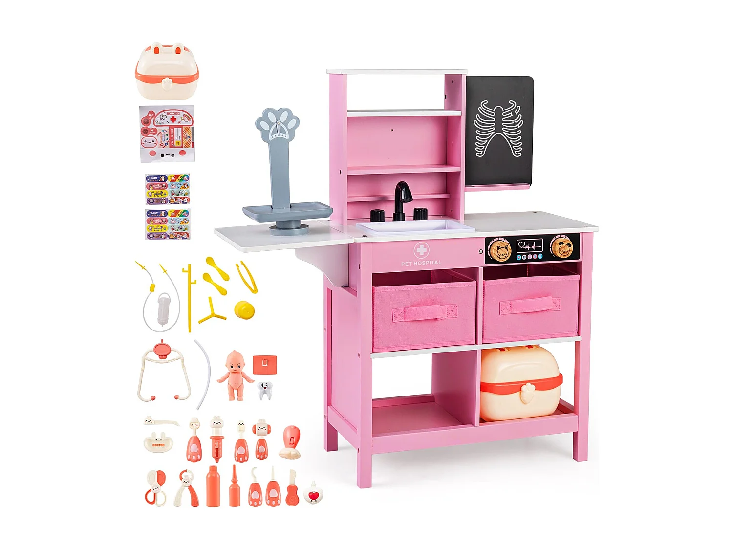 Ensemble Jouet Centre Médical en Bois avec Tableau Balance pour Animaux Robinet Évier Table Pliante Accessoires Médicaux pour 3-6 Ans Rose