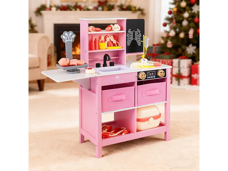 Ensemble Jouet Centre Médical en Bois avec Tableau Balance pour Animaux Robinet Évier Table Pliante Accessoires Médicaux pour 3-6 Ans Rose