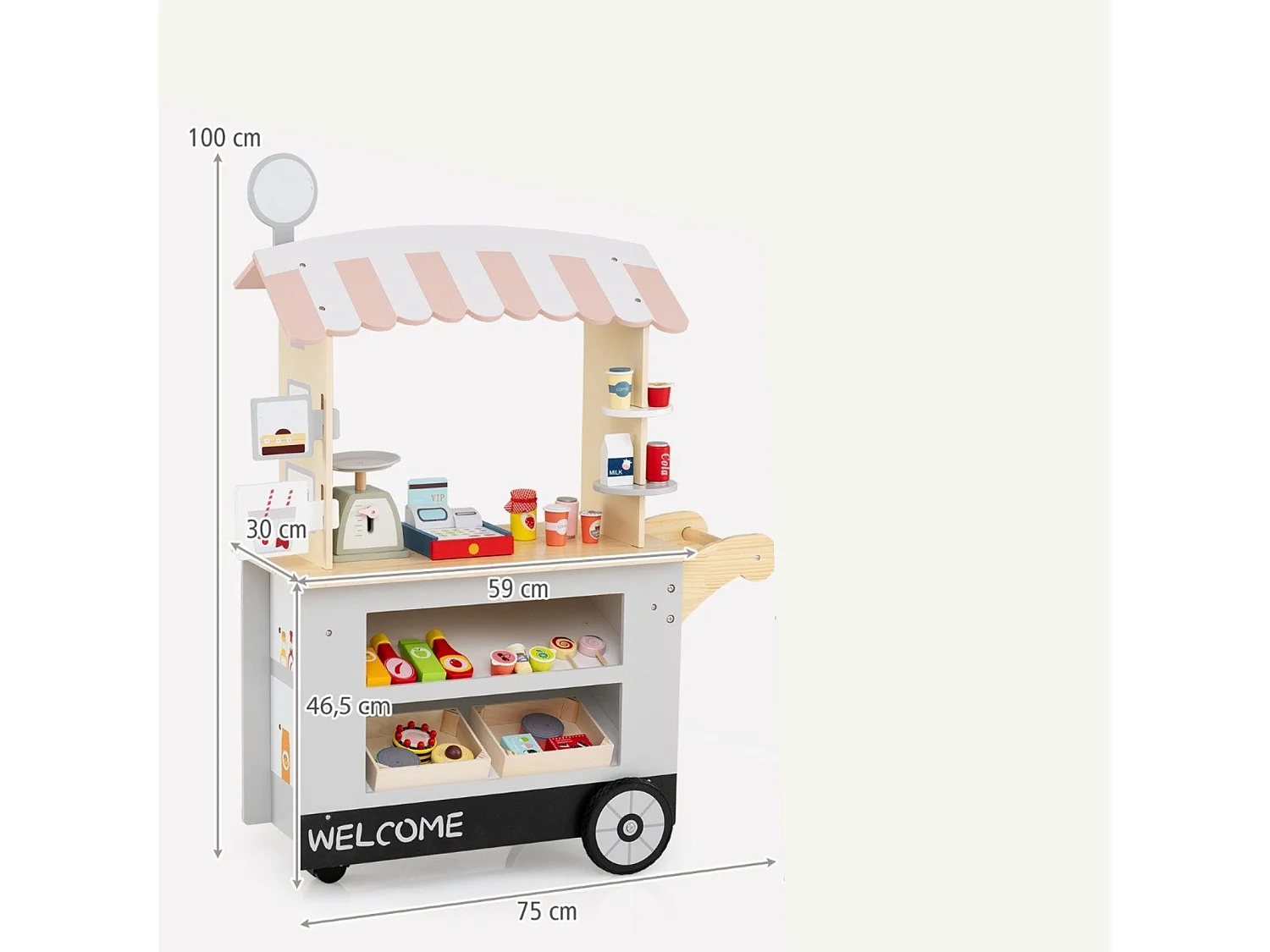 Epicerie Enfant en Bois avec 30 PCS Accessoires Marchande avec Auvent Supérieur & Poignée de Poussée Motif d'Aliments Mignons 3 Ans+ Noir