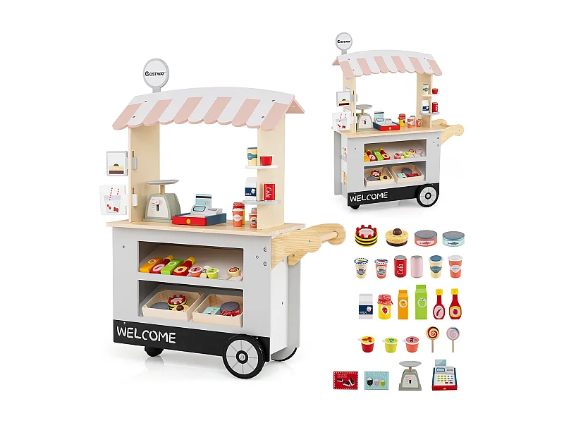 Epicerie Enfant en Bois avec 30 PCS Accessoires Marchande avec Auvent Supérieur & Poignée de Poussée Motif d'Aliments Mignons 3 Ans+ Noir