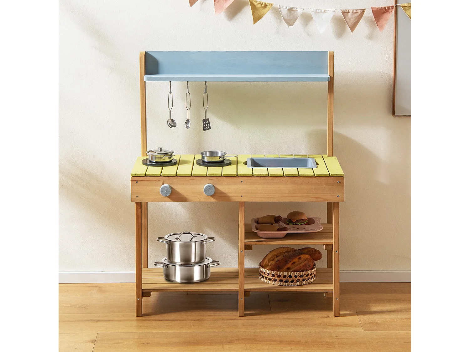 Cuisine en bois en plein air cuisine de jeu stable pour enfants avec 3 crochets 2 fourneaux bassin d'eau amovible nature