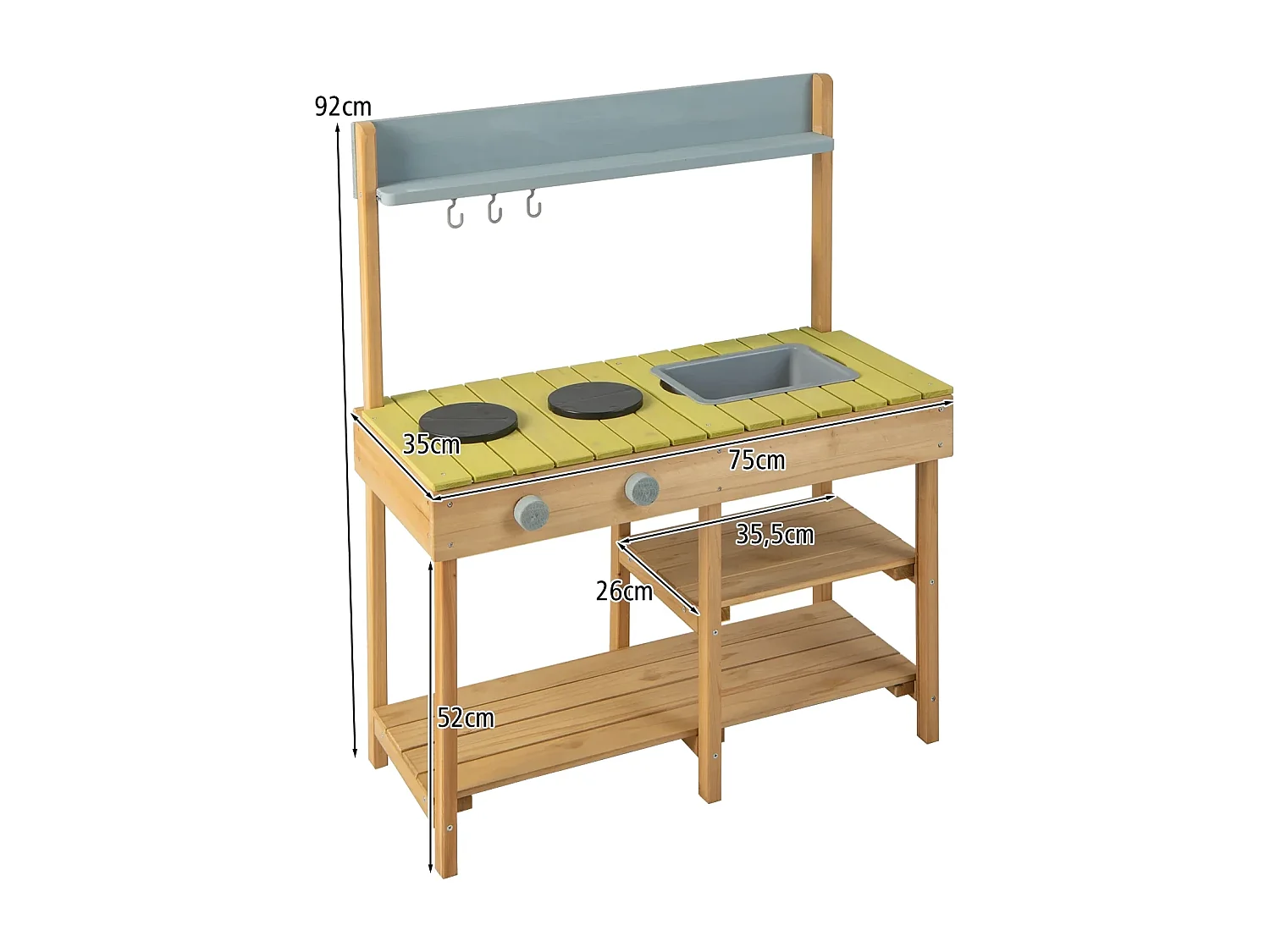 Cuisine en bois en plein air cuisine de jeu stable pour enfants avec 3 crochets 2 fourneaux bassin d'eau amovible nature