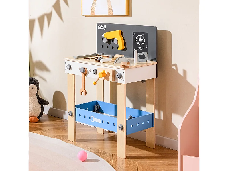 Établi pour enfants en bois avec tableau à craies et étagère de rangement