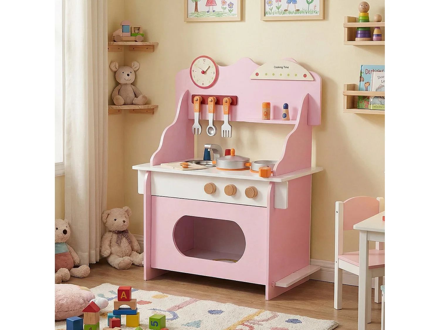 Cuisine pour enfants avec accessoires complets Cuisines de poupées avec horloge & cuisinière & étagère à épices Rose