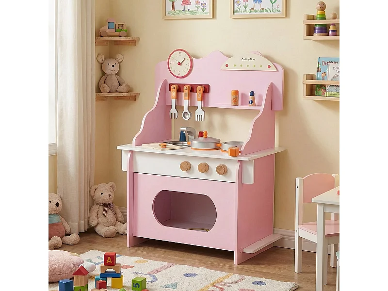 Cuisine pour enfants avec accessoires complets Cuisines de poupées avec horloge & cuisinière & étagère à épices Rose