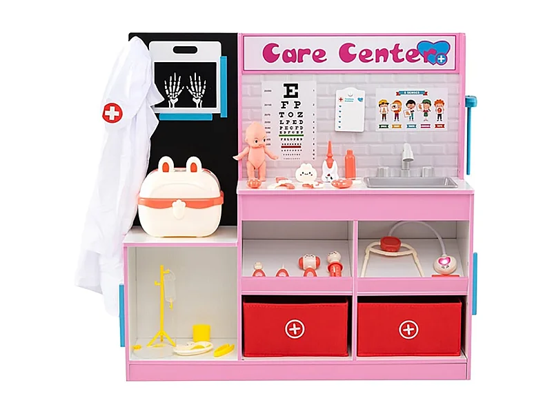 Centre Médical en Bois Enfants avec Zone d'Examen Film Radiographique Moniteur ECG Tableau de Vision Robinet Évier Rose