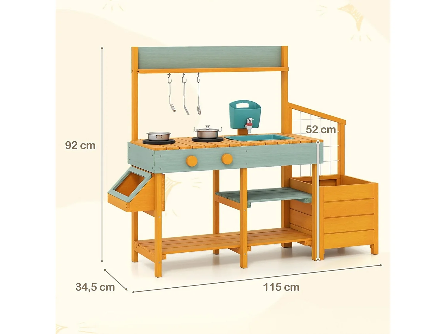 Cuisine pour enfants avec bac à plantes et treillis Cuisine pour enfants avec fonction eau jaune + vert clair