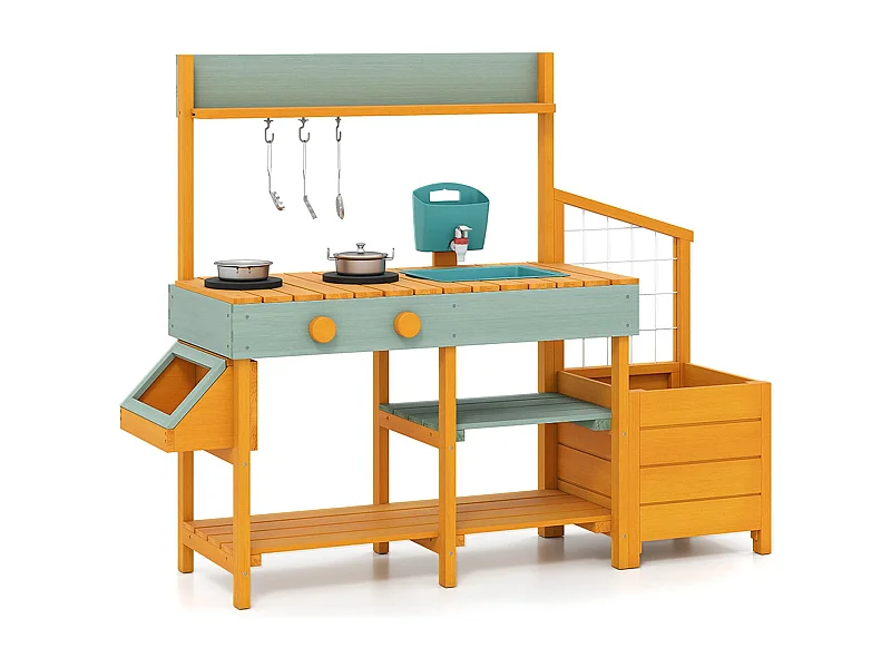 Cuisine pour enfants avec bac à plantes et treillis Cuisine pour enfants avec fonction eau jaune + vert clair