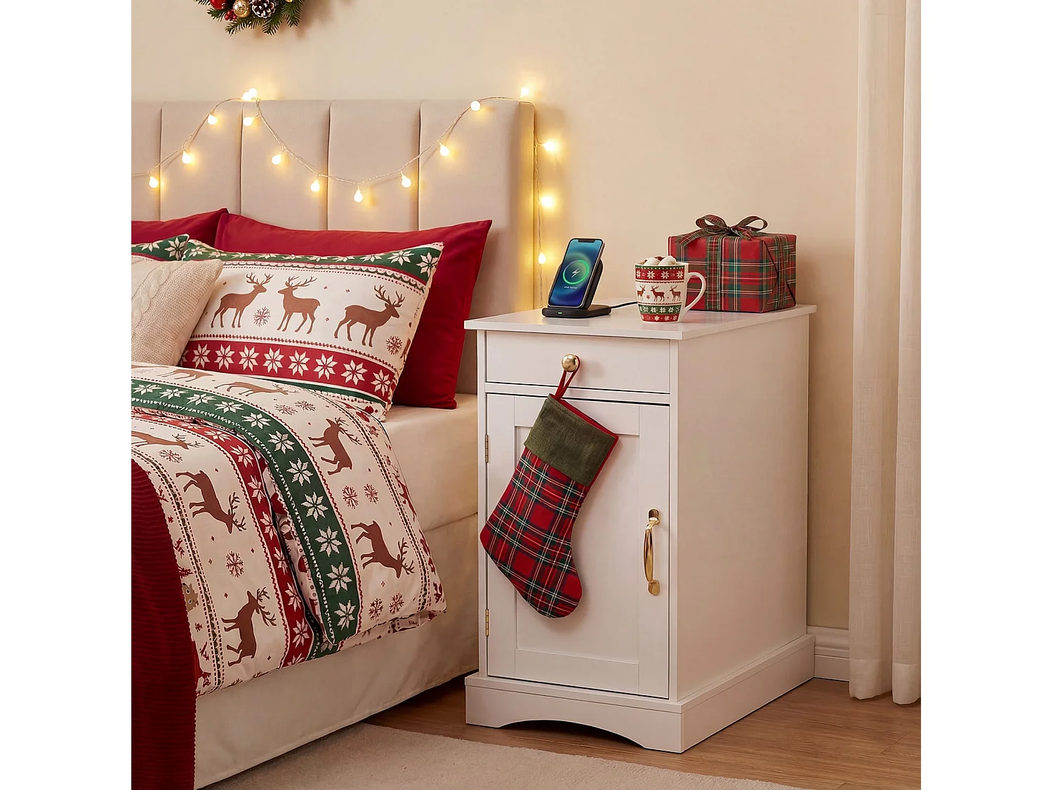 Nachttisch mit Ladestation Beistelltisch mit Verstellbarem Regal Holz Nachtschrank Weiß