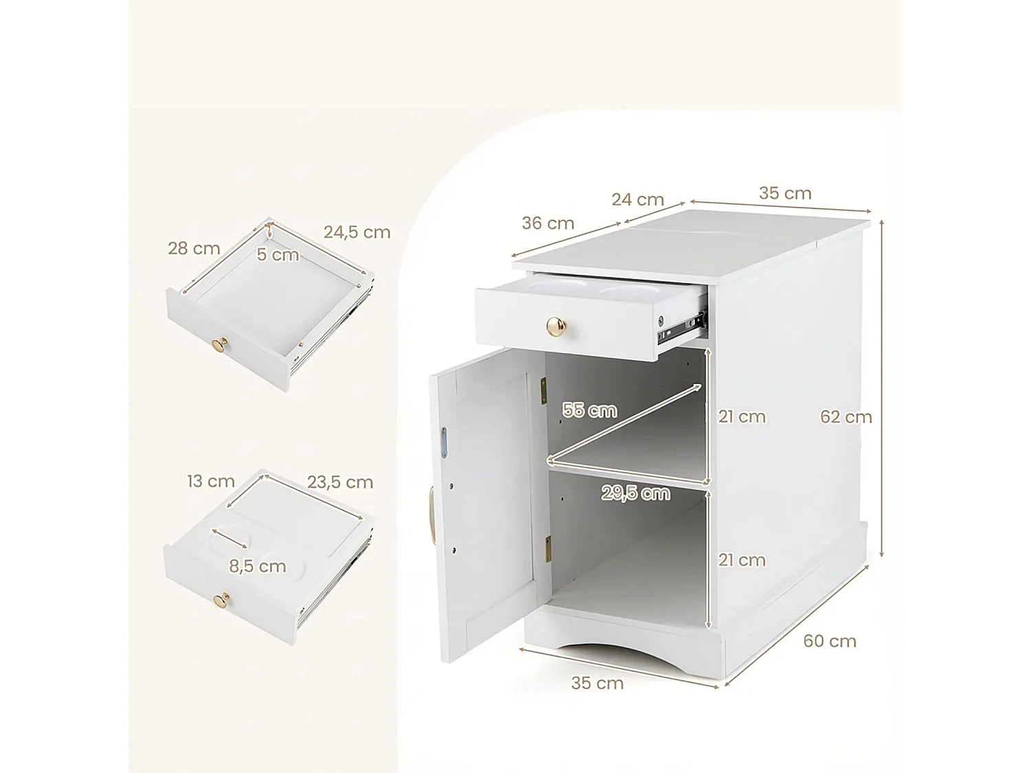 Nachttisch mit Ladestation Beistelltisch mit Verstellbarem Regal Holz Nachtschrank Weiß