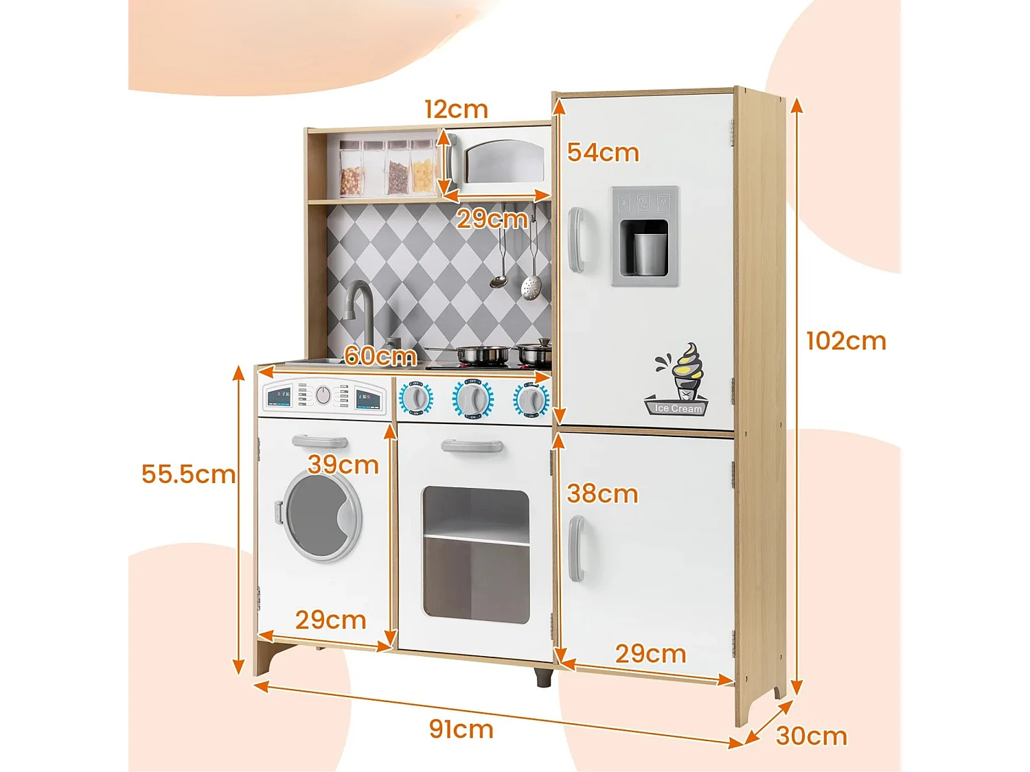 Cuisine de Jeu pour Enfants de 3+ Ans Jouets en Bois Machine à Glaçons Cuisinière Machine à Laver Four Micro-ondes Ustensiles Sons Naturel