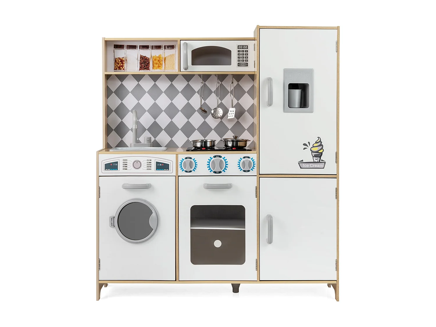 Cuisine de Jeu pour Enfants de 3+ Ans Jouets en Bois Machine à Glaçons Cuisinière Machine à Laver Four Micro-ondes Ustensiles Sons Naturel