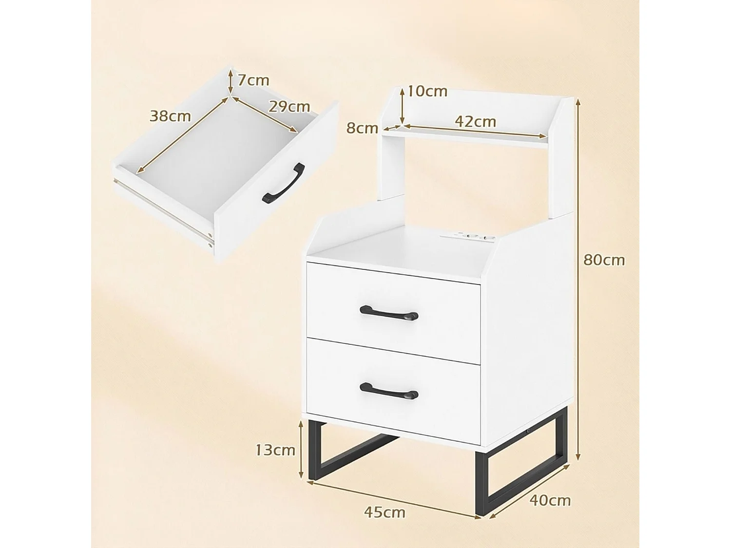 Nachttisch mit Integrierter Ladestation & LED-Lichtern & 2 Schubladen Moderner Beistelltisch Weiß