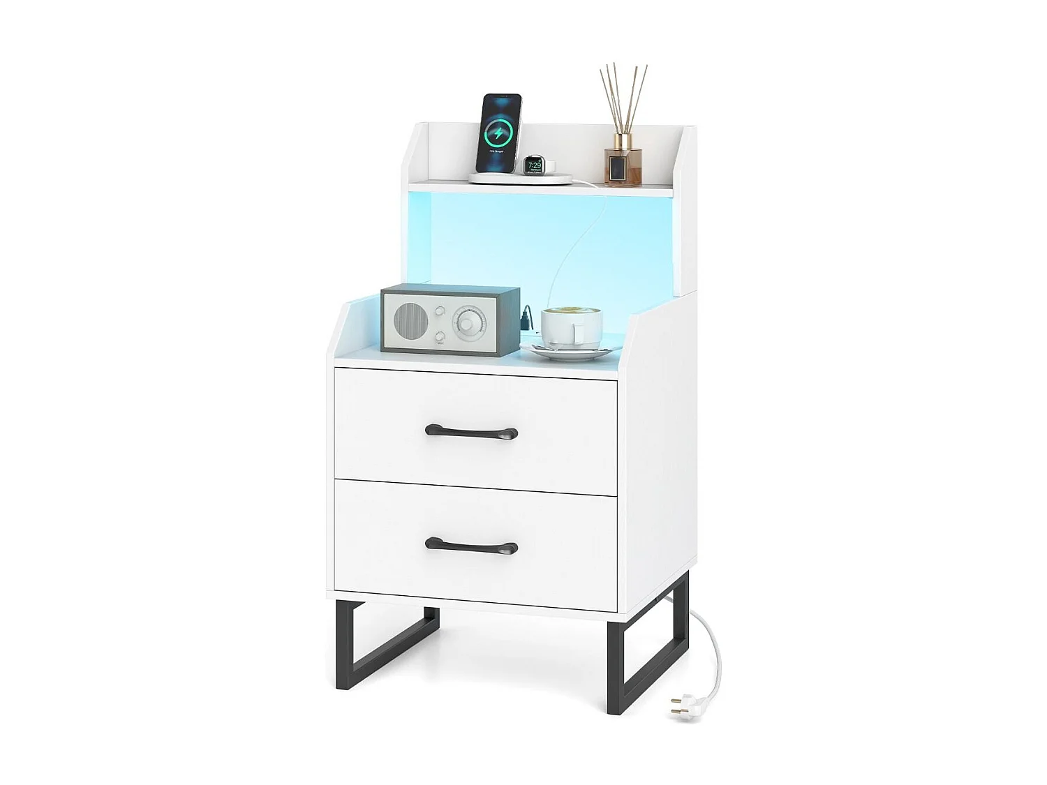 Nachttisch mit Integrierter Ladestation & LED-Lichtern & 2 Schubladen Moderner Beistelltisch Weiß