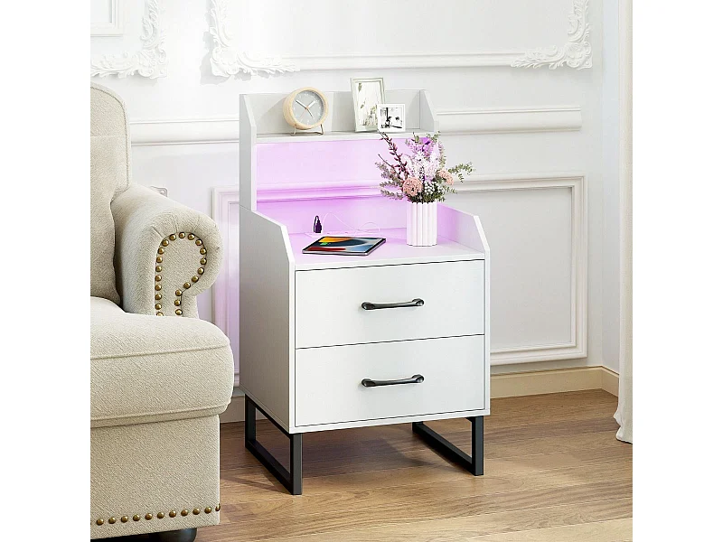 Nachttisch mit Integrierter Ladestation & LED-Lichtern & 2 Schubladen Moderner Beistelltisch Weiß