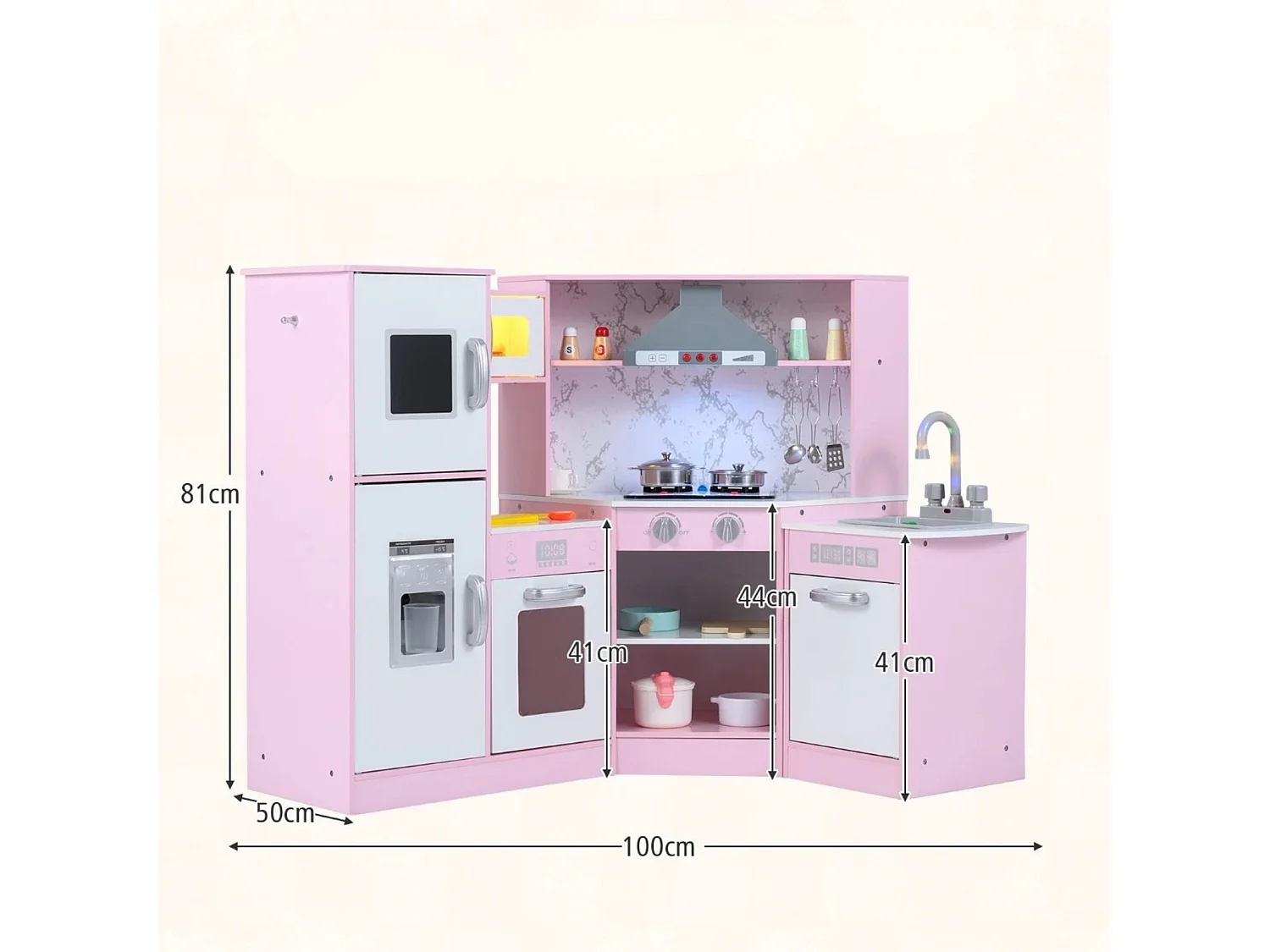 Jeu de Cuisine d'Angle en Bois Évier Séparé Sons et Lumières Micro-ondes Machine à Glaçons et Lave-vaisselle Simulés Tableau Rose