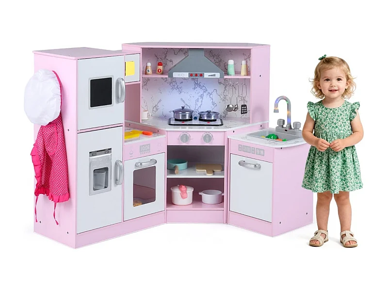 Jeu de Cuisine d'Angle en Bois Évier Séparé Sons et Lumières Micro-ondes Machine à Glaçons et Lave-vaisselle Simulés Tableau Rose