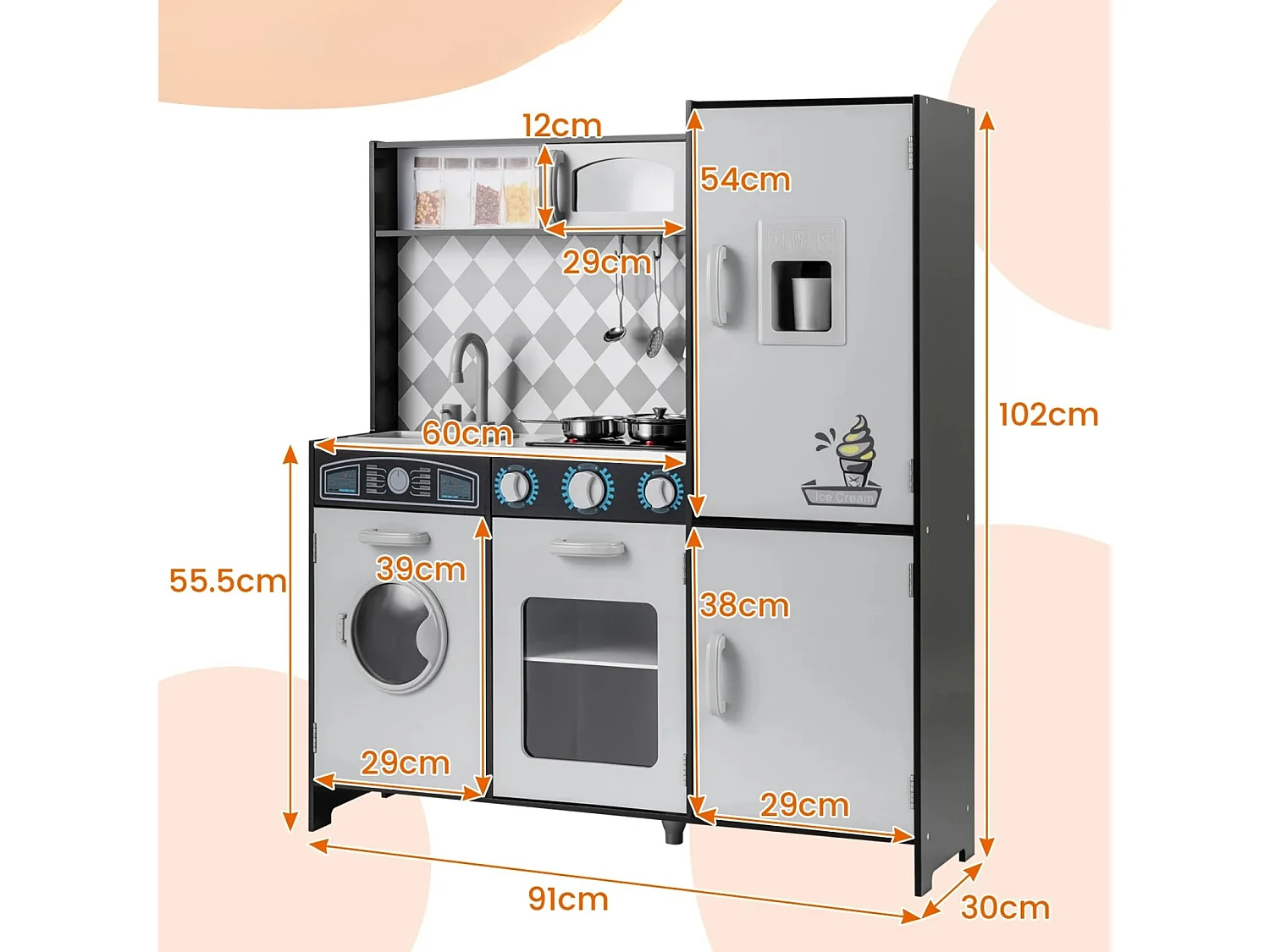 Cuisine de Jeu pour Enfants de 3+ Ans Jouets en Bois Machine à Glaçons Cuisinière Machine à Laver Four Micro-ondes Ustensiles Sons Gris