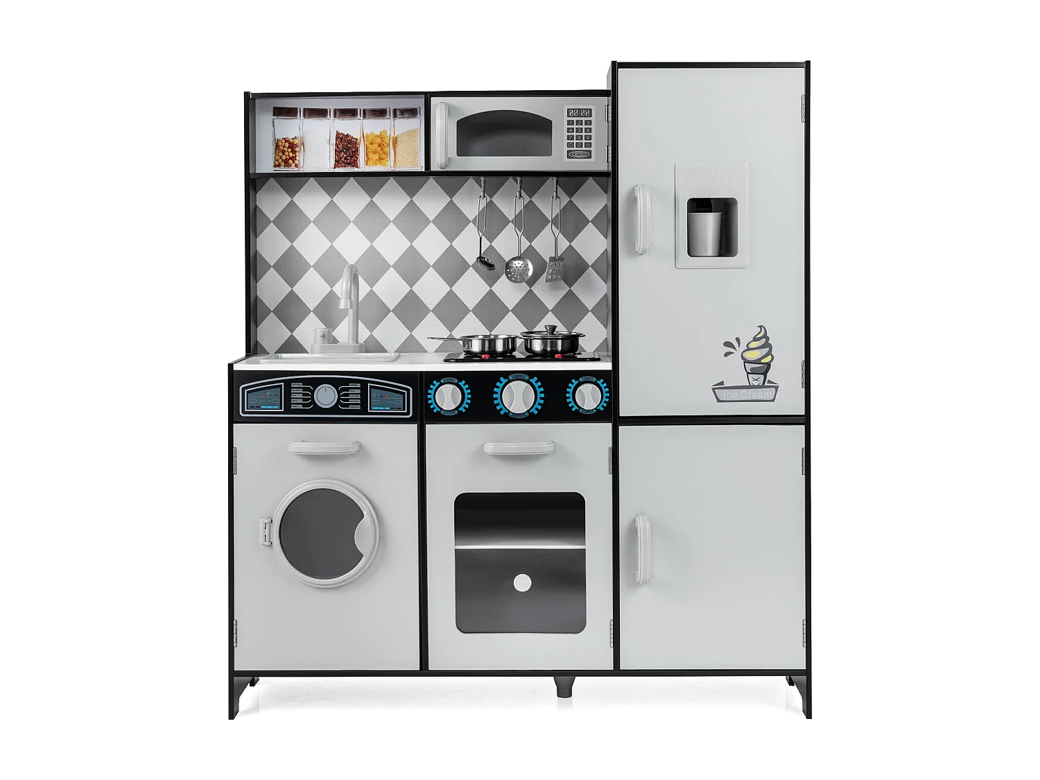 Cuisine de Jeu pour Enfants de 3+ Ans Jouets en Bois Machine à Glaçons Cuisinière Machine à Laver Four Micro-ondes Ustensiles Sons Gris