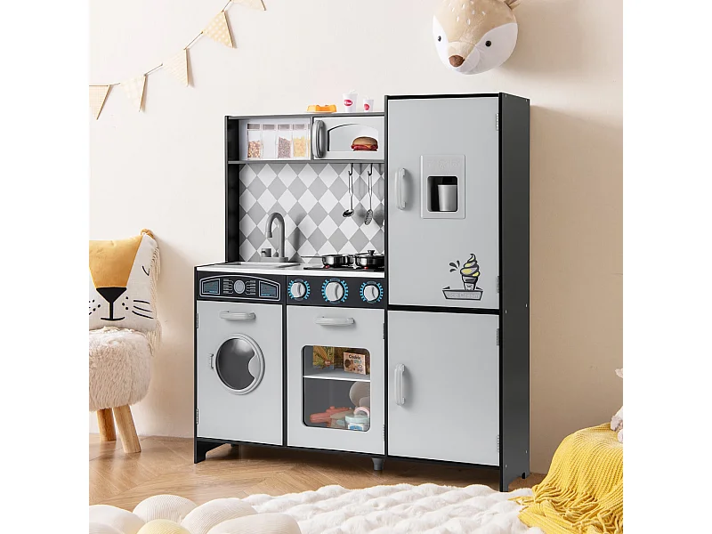 Cuisine de Jeu pour Enfants de 3+ Ans Jouets en Bois Machine à Glaçons Cuisinière Machine à Laver Four Micro-ondes Ustensiles Sons Gris