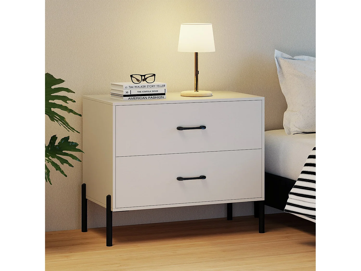 2-Schubladen-Kommode moderner Nachttisch aus Holz mit Metallbeinen & Griffen kompakter Beistelltisch Weiß