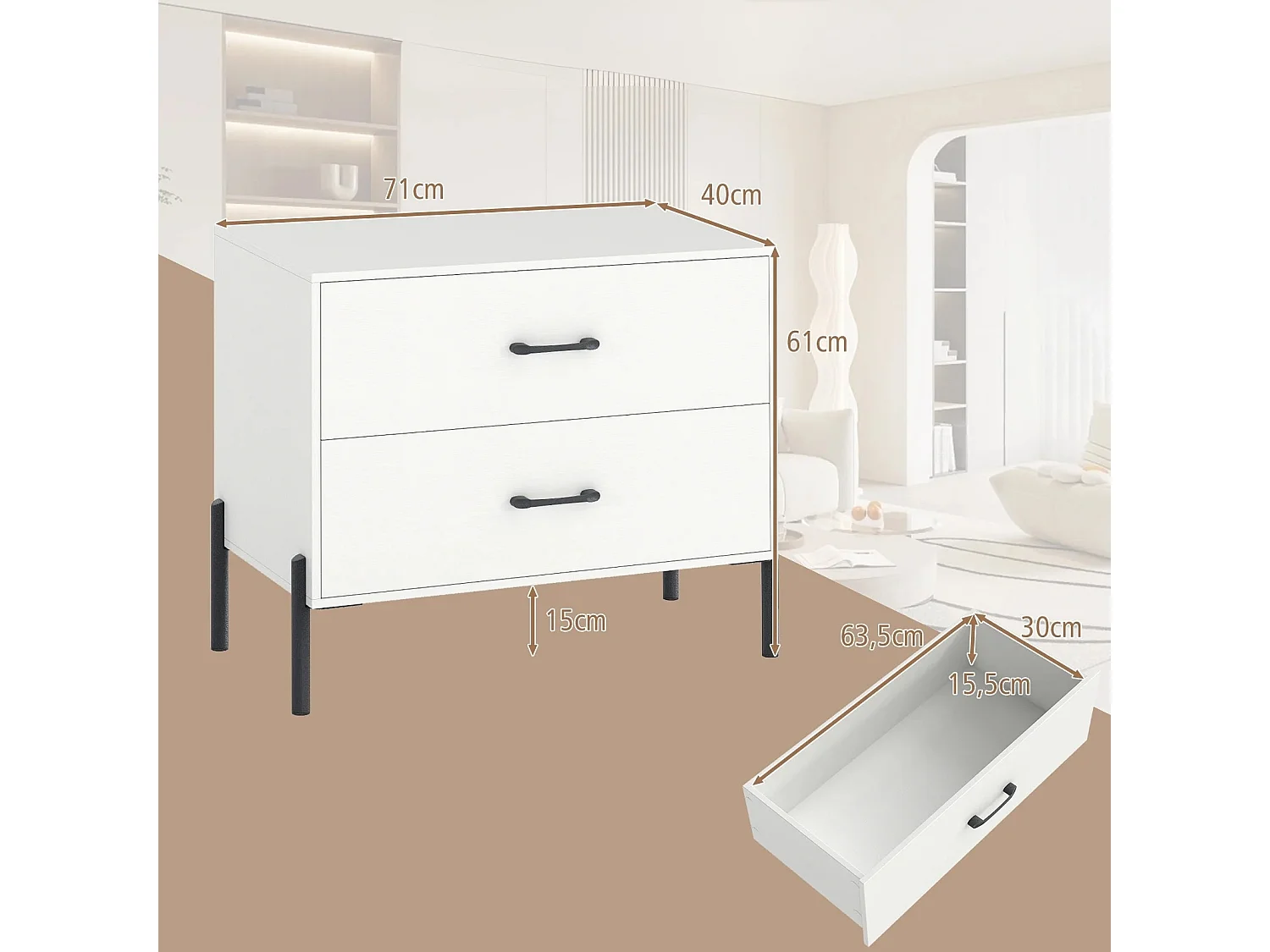 2-Schubladen-Kommode moderner Nachttisch aus Holz mit Metallbeinen & Griffen kompakter Beistelltisch Weiß