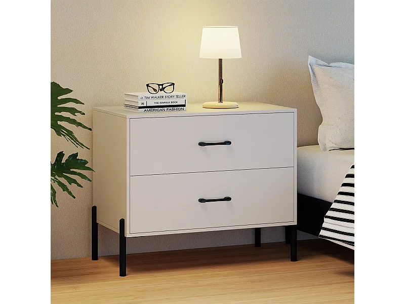 2-Schubladen-Kommode moderner Nachttisch aus Holz mit Metallbeinen & Griffen kompakter Beistelltisch Weiß