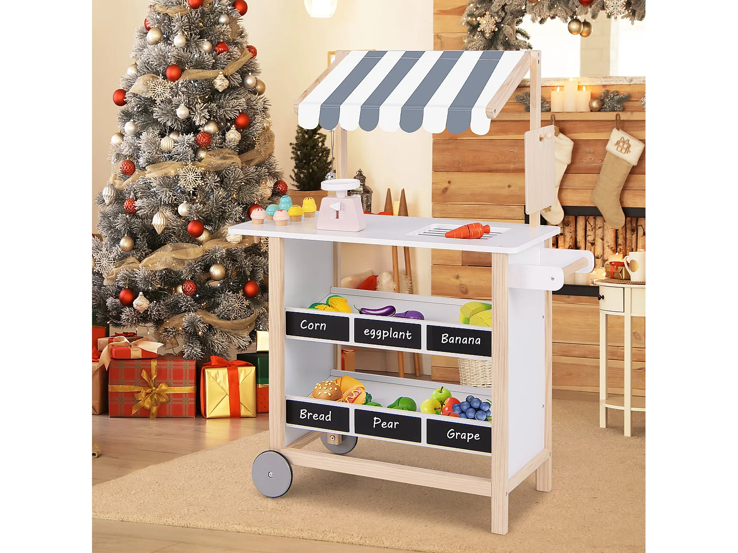 Chariot à Crème Glacée en Bois pour Enfants avec Étagères d'Épicerie Épicerie pour Tout-Petits avec 6 Pots de Crème Glacée pour 3+ Blanc