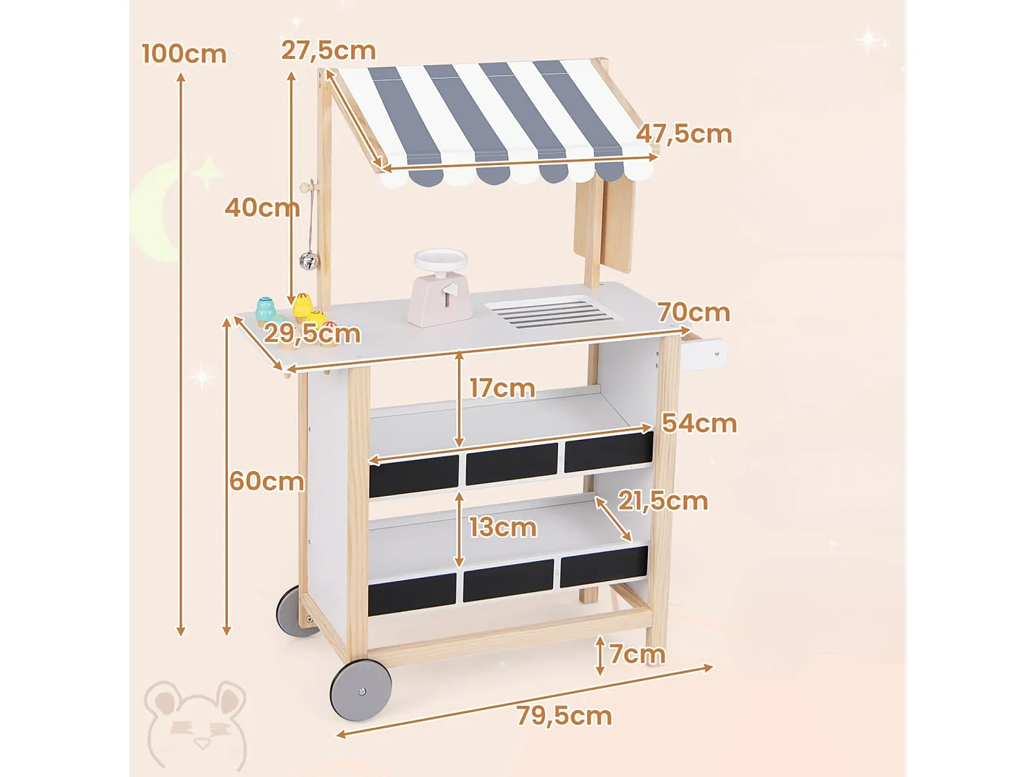 Chariot à Crème Glacée en Bois pour Enfants avec Étagères d'Épicerie Épicerie pour Tout-Petits avec 6 Pots de Crème Glacée pour 3+ Blanc