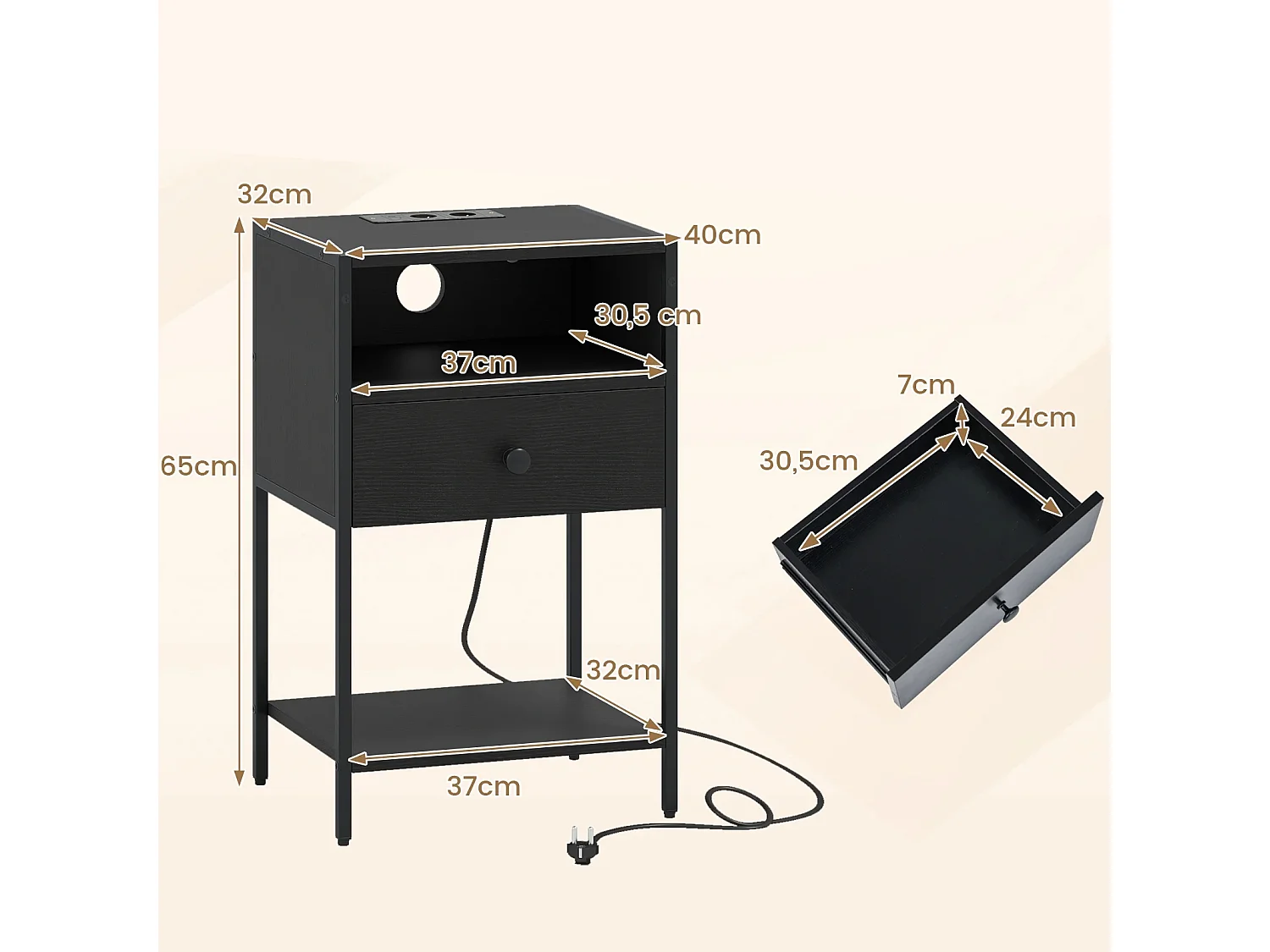 Nachttisch mit Ladestation Industrial Beistelltisch mit offenem Fach Schublade & Ablage kompakter Nachttisch Schwarz