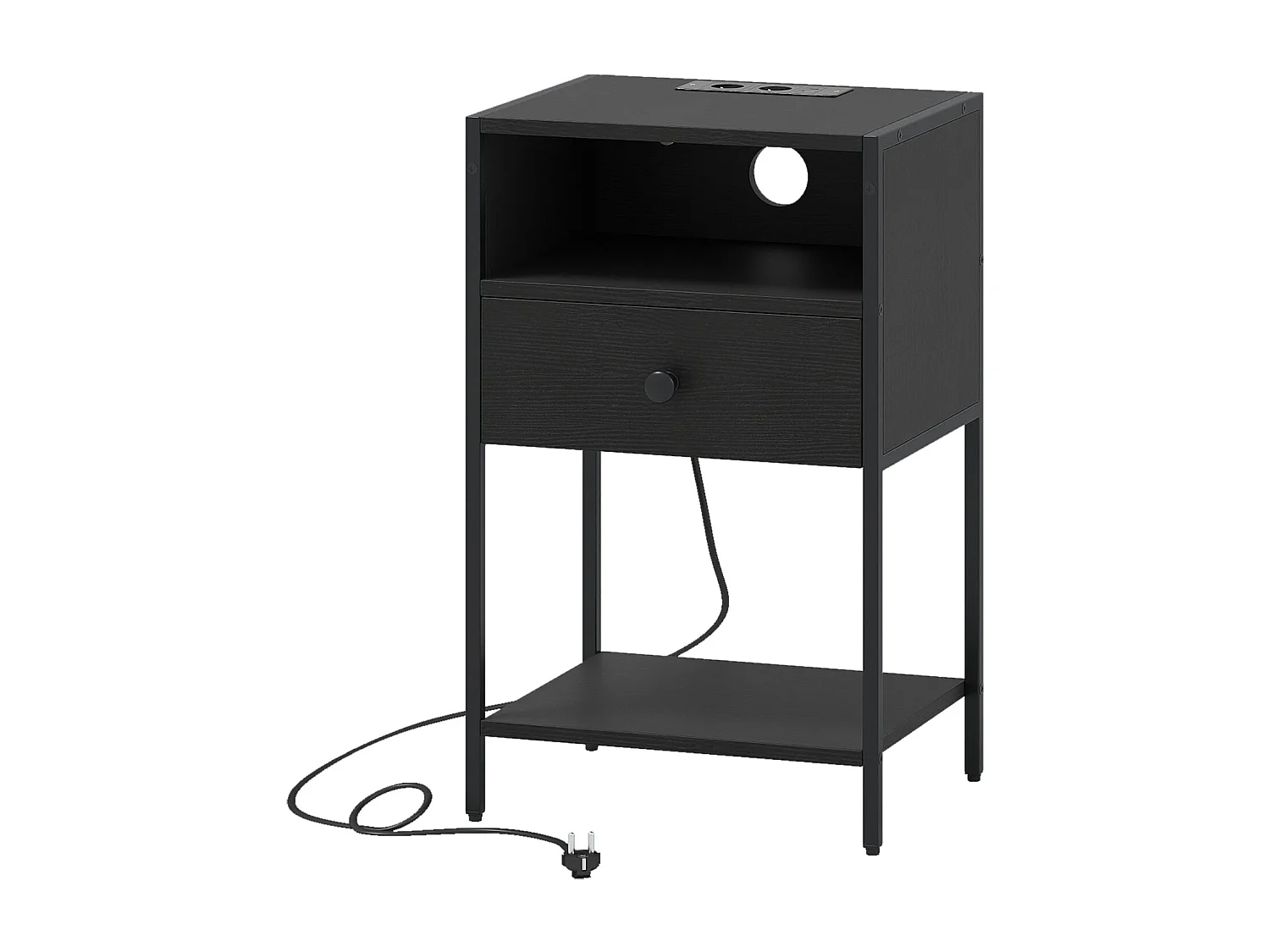 Nachttisch mit Ladestation Industrial Beistelltisch mit offenem Fach Schublade & Ablage kompakter Nachttisch Schwarz