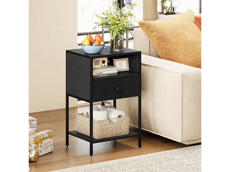 Nachttisch mit Ladestation Industrial Beistelltisch mit offenem Fach Schublade & Ablage kompakter Nachttisch Schwarz