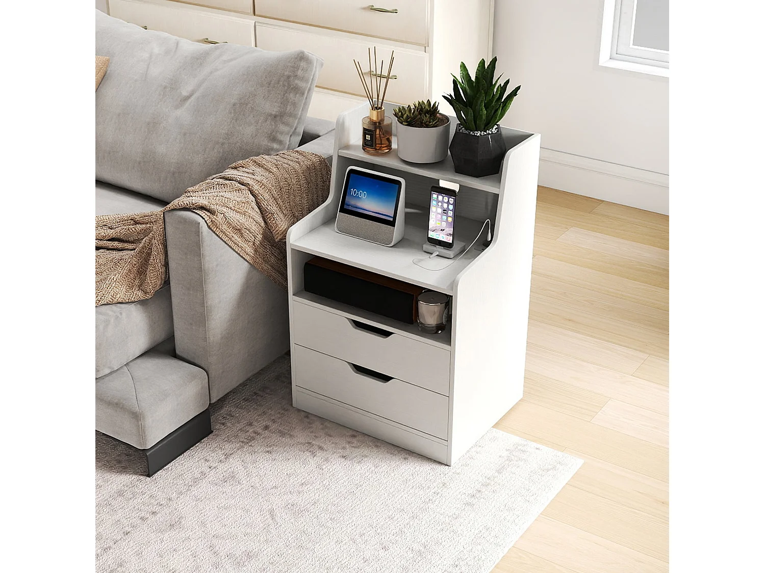 Nachttisch mit LED-Lichtern & Ladestation Beistelltisch mit 2 Schubladen & offenem Fach moderner Nachtschrank Weiß