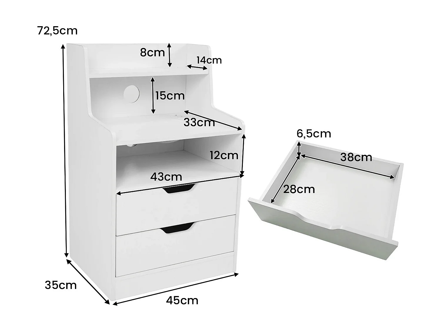 Nachttisch mit LED-Lichtern & Ladestation Beistelltisch mit 2 Schubladen & offenem Fach moderner Nachtschrank Weiß
