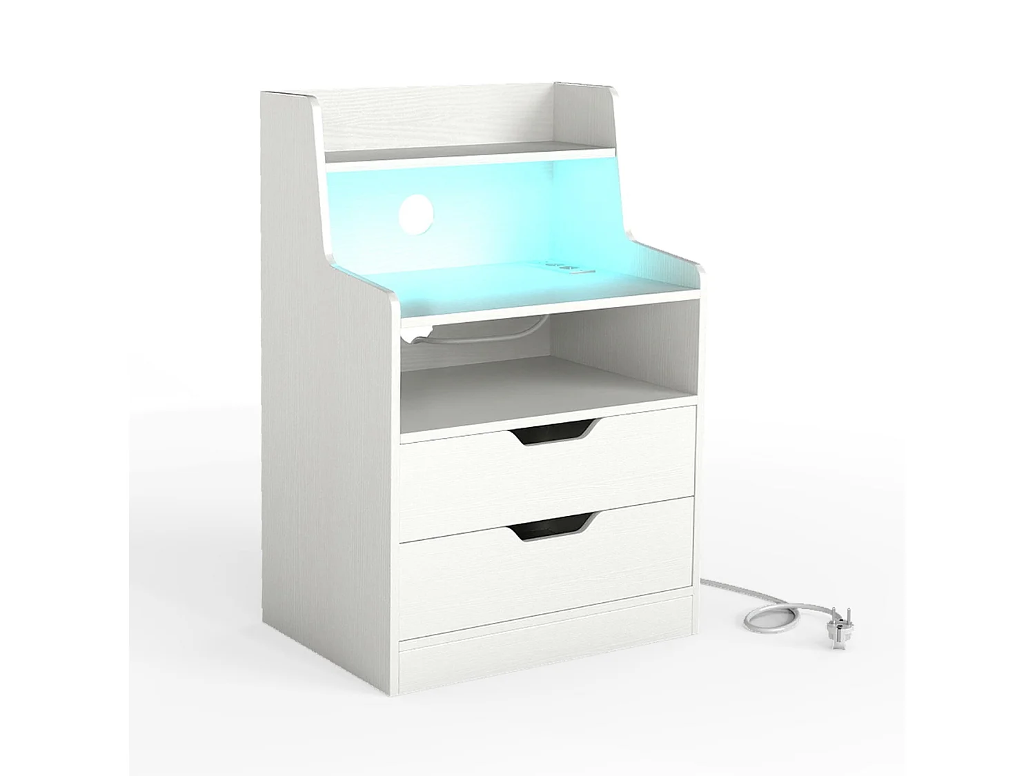 Nachttisch mit LED-Lichtern & Ladestation Beistelltisch mit 2 Schubladen & offenem Fach moderner Nachtschrank Weiß