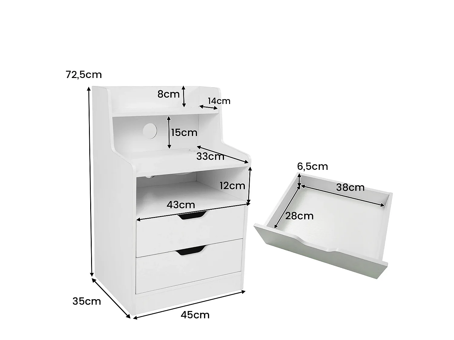 Table de Chevet LED avec Station de Charge Table de Nuit avec 2 Tiroirs Étagère Ouverte Commode de Rangement Moderne Blanc