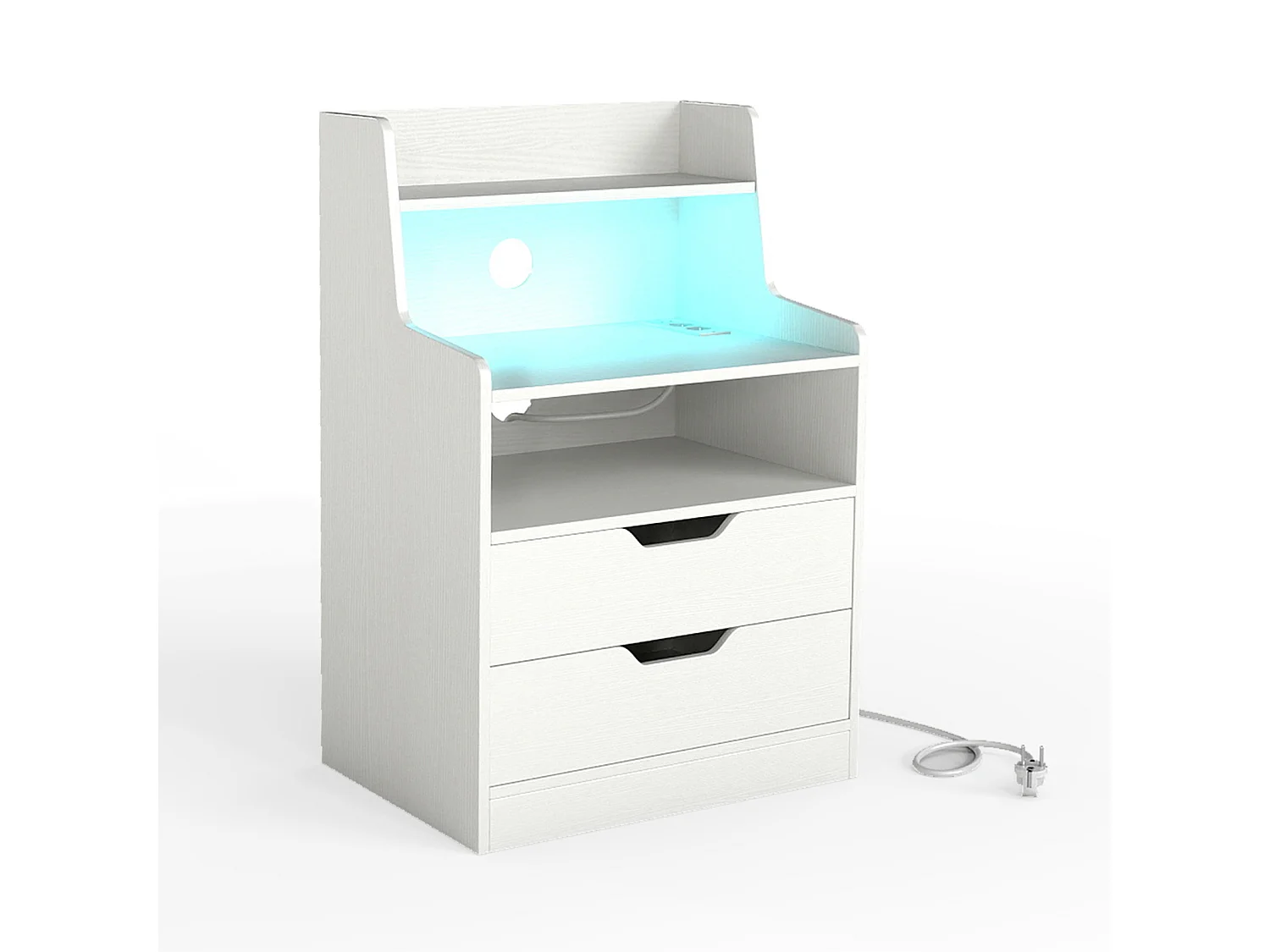 Table de Chevet LED avec Station de Charge Table de Nuit avec 2 Tiroirs Étagère Ouverte Commode de Rangement Moderne Blanc