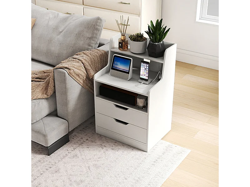 Nachttisch mit LED-Lichtern & Ladestation Beistelltisch mit 2 Schubladen & offenem Fach moderner Nachtschrank Weiß