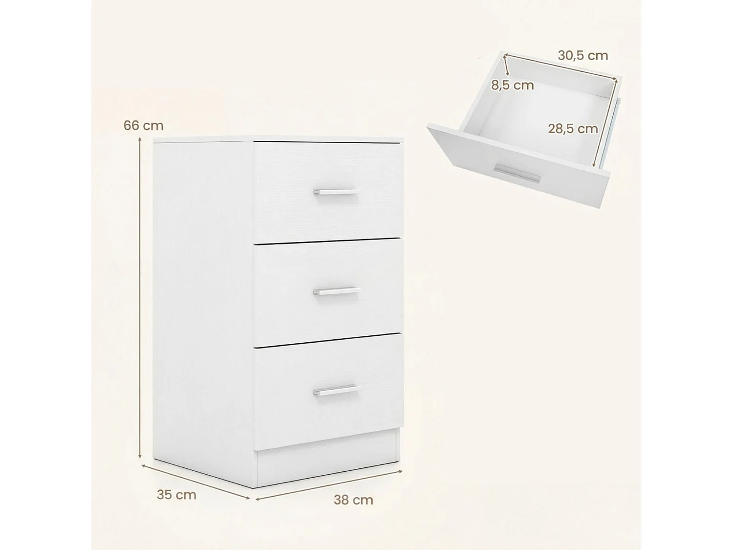 Nachttisch mit Ladestation moderner Nachtschrank mit 3 Aufbewahrungsschubladen 38 x 35 x 66 cm Weiß